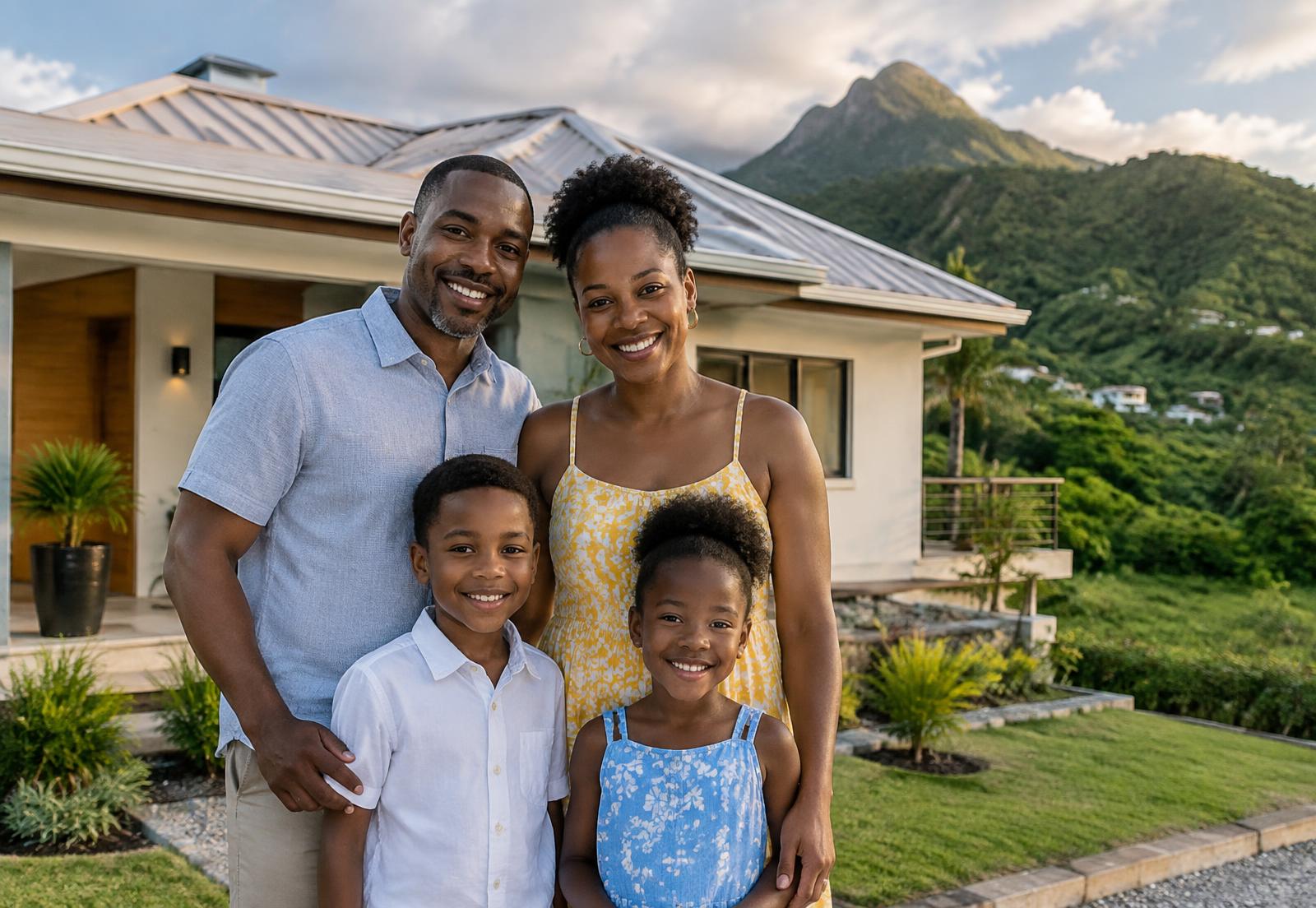 Saint Lucian family outside their home